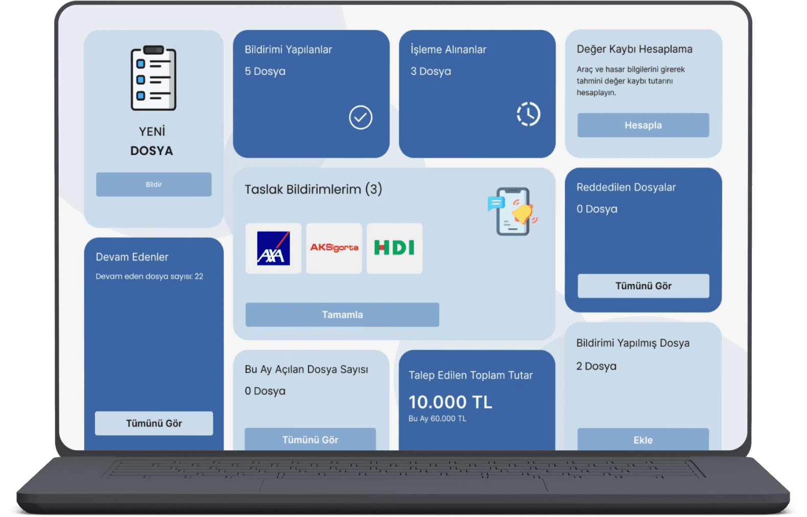 HasarLink web arayüzü: yeni hasar dosyası, taslak bildirimler ve dosya durumlarının yönetimi.