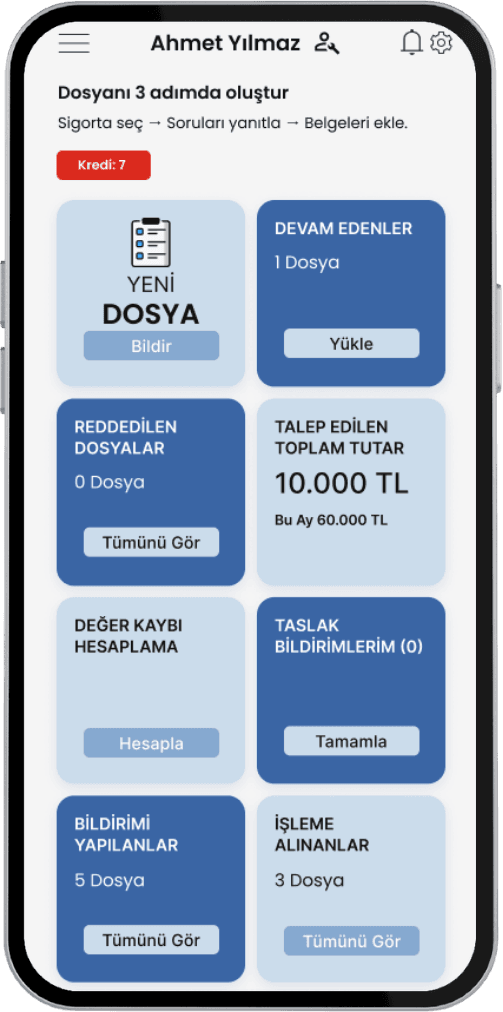 HasarLink mobil arayüzü: hasar dosyalarına ve bildirim işlemlerine erişim.