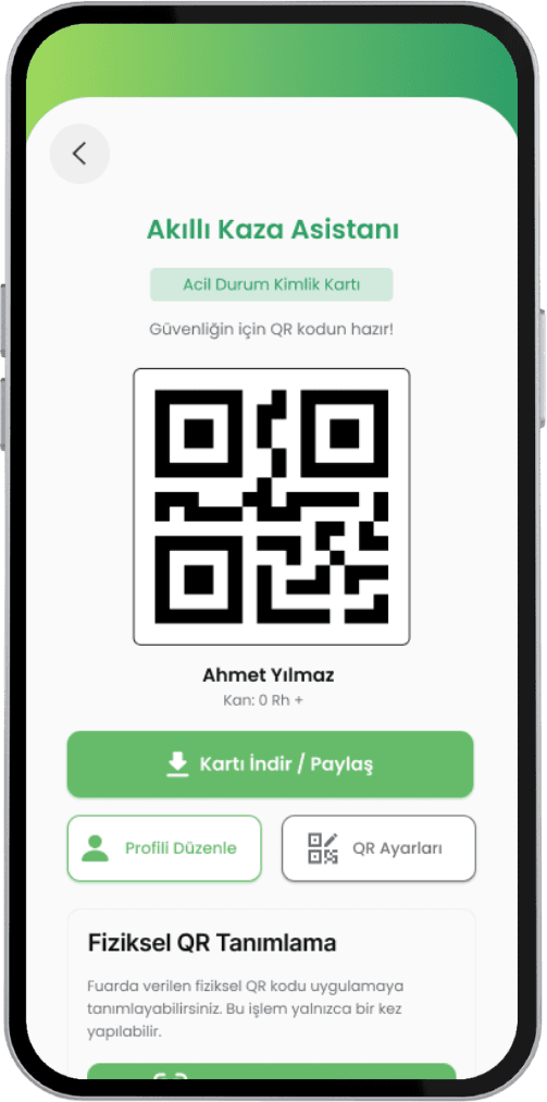 QRakter Acil Durum Kimlik Kartı: QR kodu, kartı indirme ve paylaşma, profil ve QR ayarları.