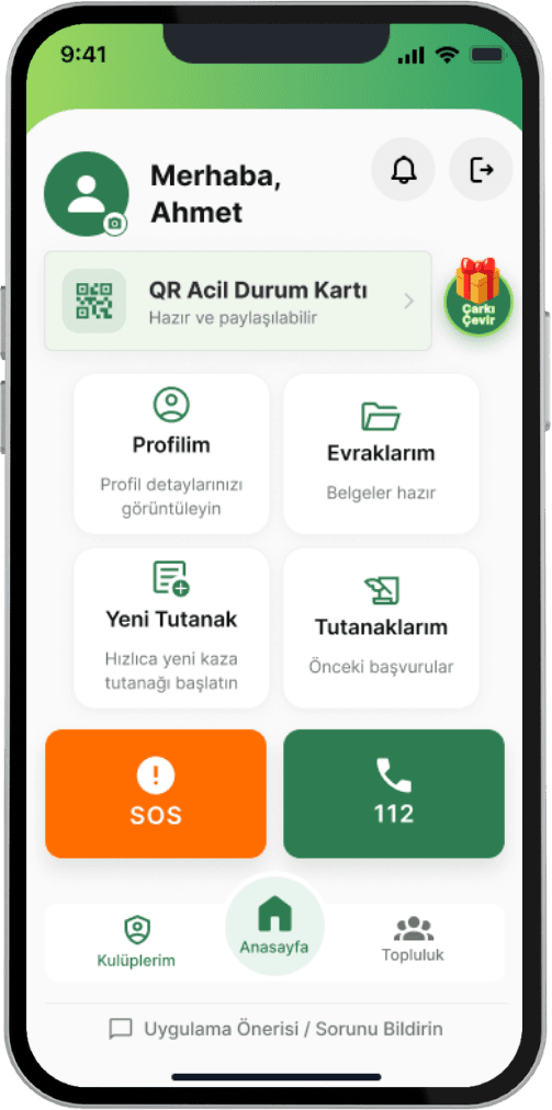 QRakter ana sayfası: QR Acil Durum Kartı, profil, evraklar, tutanak ve acil arama işlemlerine erişim.